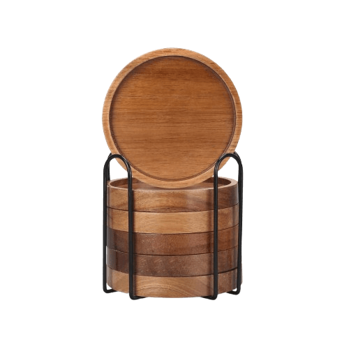 WOOD COASTER ROUND SHAPE WITH STAND (NATURAL)